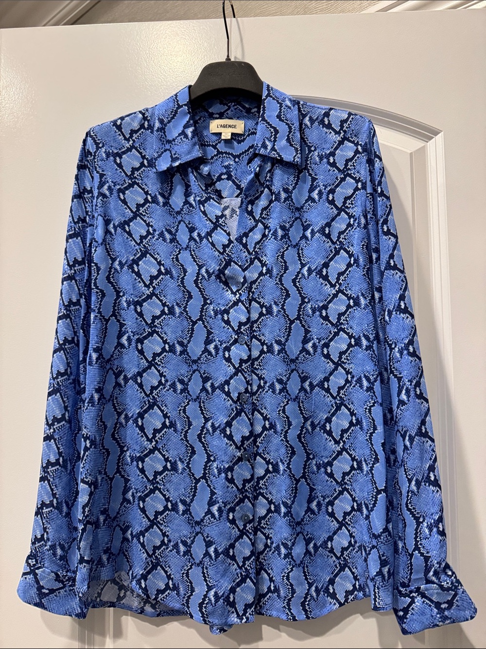 L'AGENCE Blue Snake-Print Button Front Blouse